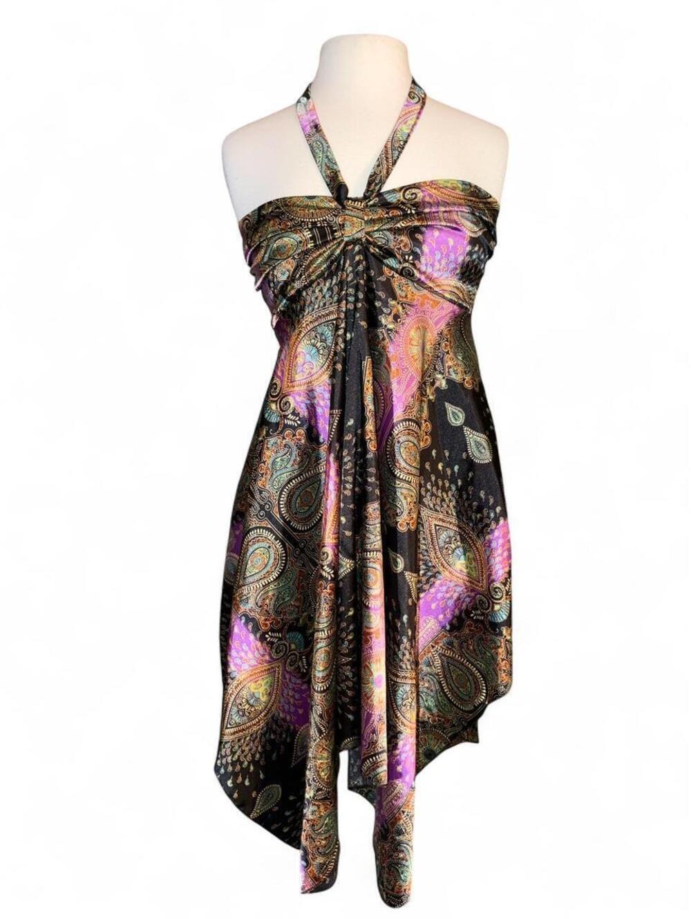 Shoreline Paisley Scarf Print Halter Maxi Dress Handkerchief Hem Black Purple